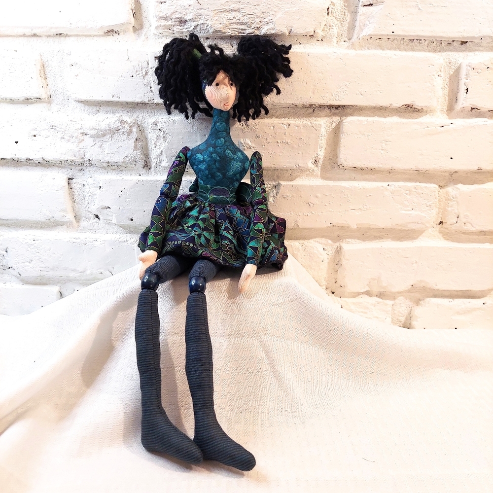 Whimsical Lady Longneck Shelf Sitter Figurine Stuffed Fabric Doll Black Hair